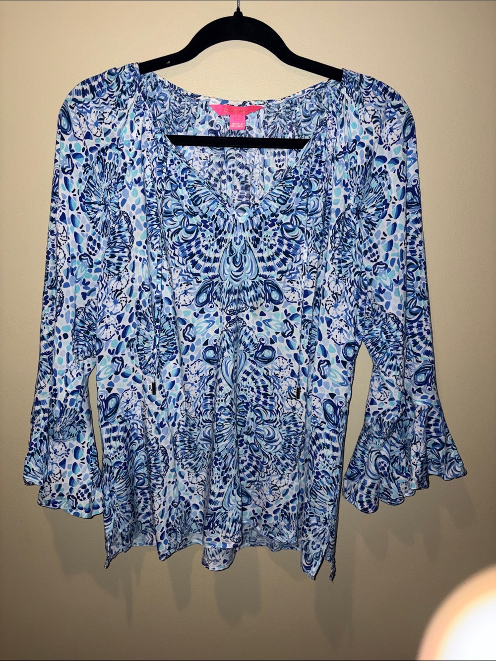 Lilly Pulitzer | Blue & White Printed V-Neck Tunic with Flared Sleeves